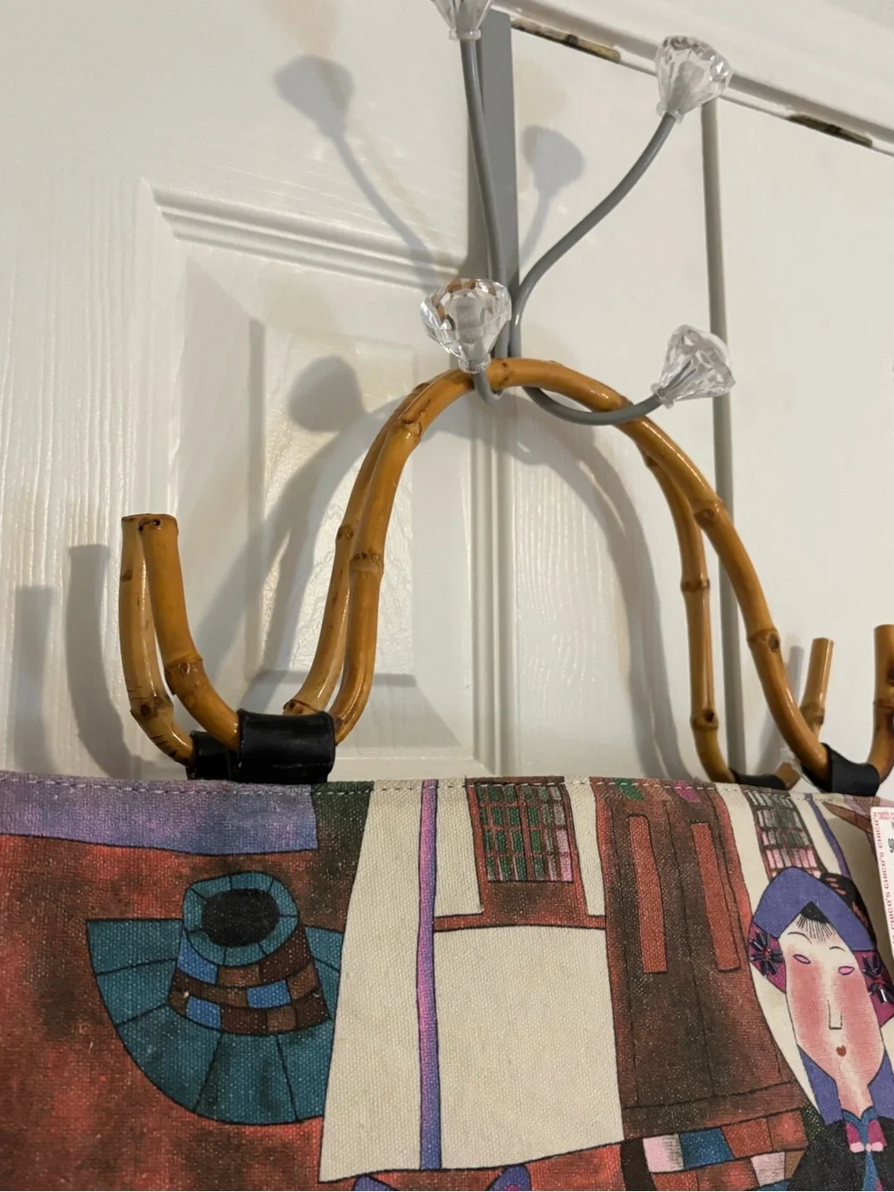 NWT Vintage 90s Chico's Multi-Color Artist Print Tote Bamboo Handle Boho